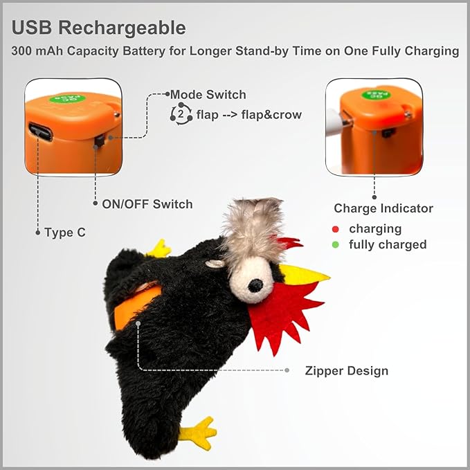 Interactive Flapping Bird Cat Toys, Rechargeable, Touch Activated, Catnip, Chirping Bird Toys for Indoor Cats and Kittens (Black Chicken)