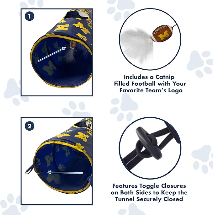 NCAA Michigan Wolverines Cat Tunnel Tube Toy with Plush Football Catnip and Feathers