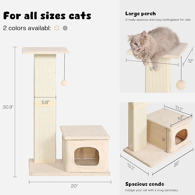 Small Cat Tree, 31 Inches Tall Cat Scratching Post with Perch & Condo, Natural Woven Sisal Cat Post Sctacher, Kitten Scratching Posts for Indoor Cats, Cat Scratch Tower with Fluffy Ball, Beige