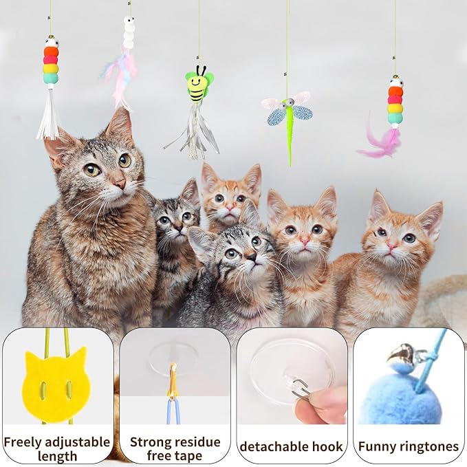 2025 New 6 Pcs Interactive Feather Cat Toys, Cat Teaser Retractable Indoor Cat Toy Self Play Hanging Cat Toy,Cat Toy Indoor Kitten Play Chase Fun Exercise, Mental Physical Stimulation