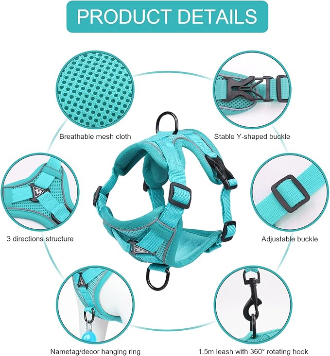 Cat Harness and Leash Set, Upgraded Escape Proof Adjustable Vest with Lead for Kitten Puppy Outdoor Walking, Soft Breathable Mesh Jacket with Reflective Strips for Dark Night (M, Emerald Green)
