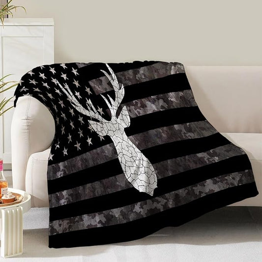 American Flag Deer Blanket Gifts for Boys Men Women Girls Birthday Christmas Valentine Presents US Flag Theme Decor Bedroom Living Room Couch Sofa Bed Soft Cozy Kids Adults Teen Fleece Throws 60"x50"