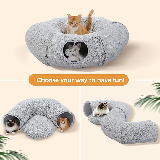 PEQULTI Cat Tunnel with Cat Bed for Indoor Cats, Cat Play Donut Tunnel with Washable Soft Plush Mat, Round Cat Tunnel Toys Cute Cat Tube for Kittens, Puppies, Rabbits and Ferrets, Grey