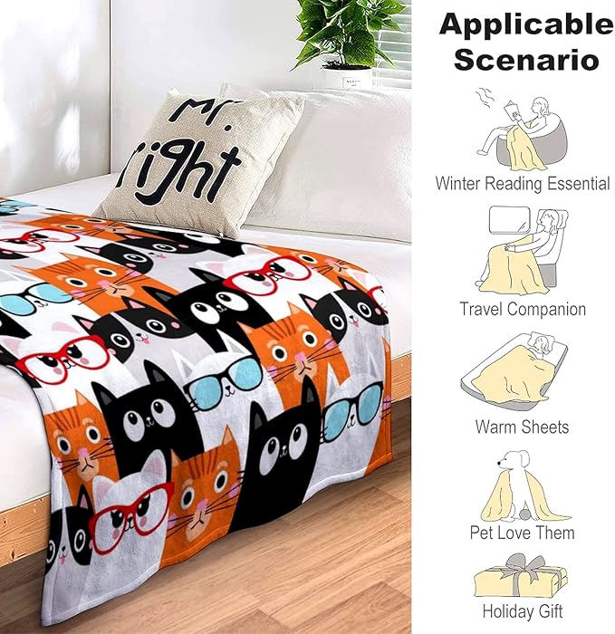 Cute Cat Blanket Animals Pet Pattern Gifts for Cat Lovers Kawaii Soft Lightweight Flannel Throw Blankets for Kids Adults 50"x40"Small For Kids