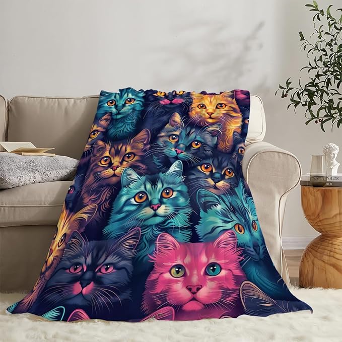 Funny Colorful Cat Print Blanket Cute Kawaii Kitty Animal Throw Blankets Gifts for Couch Sofa Bed Stuff Decor Soft Cozy Fleece Plush Warm Flannel Bedding for Lover Men Women 40"x50"