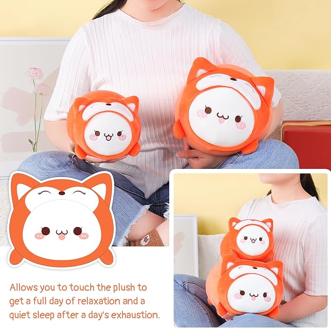 AIXINI Cute Cat Fox Plush Pillow 15.7” Kitten Foxes Stuffed Animal, Soft Kawaii Cat Plushie with Fox Outfit Costume, Hugging Plush Squishy Pillow Toy Gifts for Kids