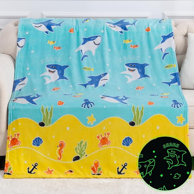 Shark Toys Gifts for Boys Girls - Glow in The Dark Ocean Animal Blanket Best Christmas Birthday Valentines Easter Decor Presents for Kids Age 1-14 Years Old Teens Child Toddler Son Soft Throw 50"x60"