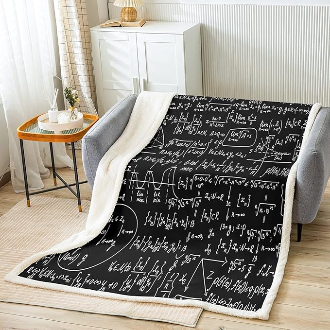 Math Theme Fleece Blanket Mathematical Formula Throw Blanket Kids Adults Geometry Stripe Numbers Sherpa Blanket for Couch Bed Sofa Black White Fuzzy Blanket Room Decor Plush BlanketKing 87"x95"