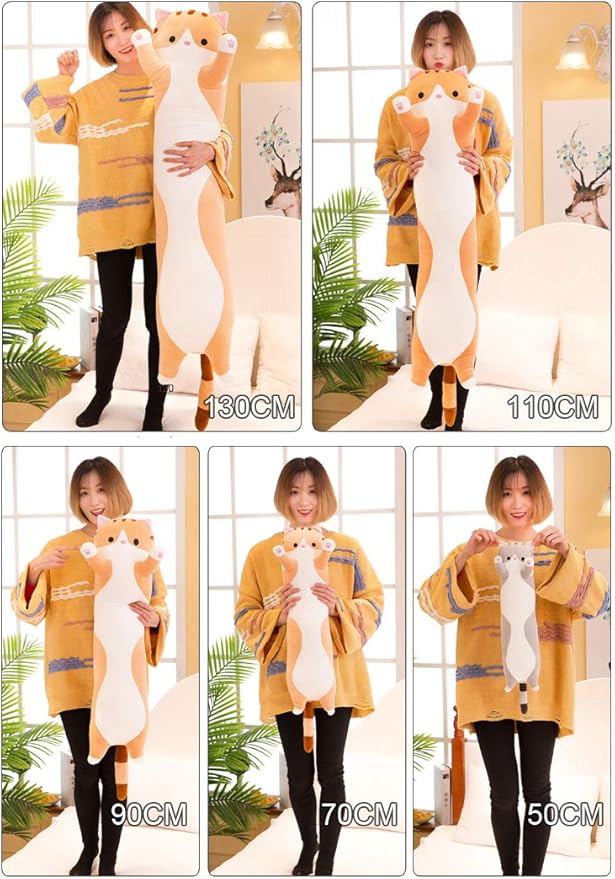 Cute Cat Plush Long Body Pillow Cat Stuffed Animals Plushie Toy Soft Throw Sleeping Cotton Kitten Pillow Gift for Kids Girls (Gray, 28")