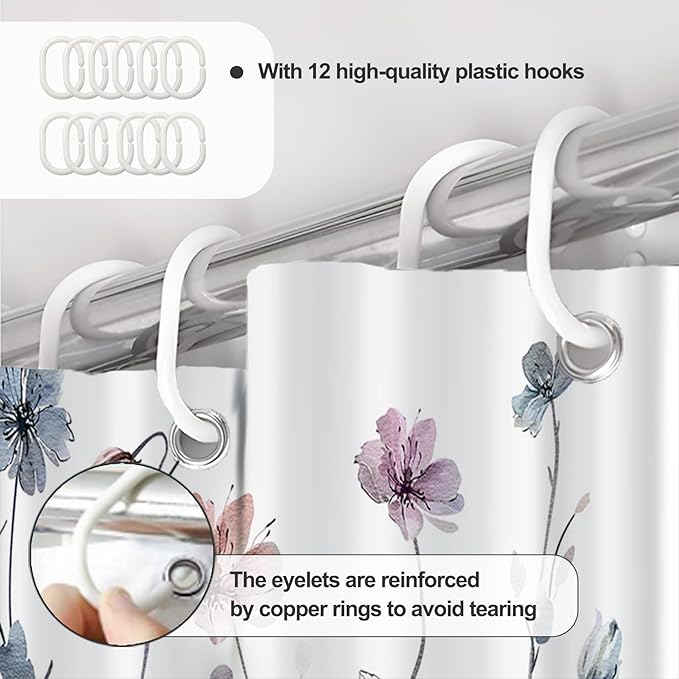 AWERT Watercolor Floral Shower Curtain with Hooks Pastel Wildflower Shower Curtain for Bathroom Waterproof Flower Printing Fabric Bathroom 72x72inch