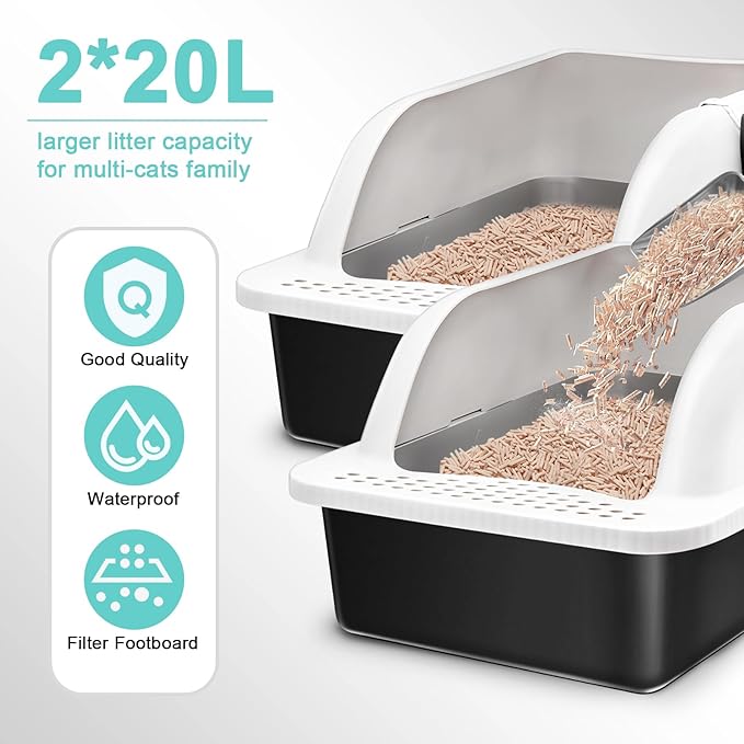 2 Pack XL Stainless Steel Litter Box Enclosure with Lid, Stainless Steel Cat Litter Pan for Big Cats, Large Metal Litter Box with High Wall, Easy Cleaning White Cover(Black Coated)