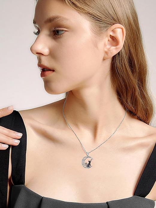 Black Cat/Dragon/Fox/Wolf Necklace 925 Sterling Silver Celtic Moon Pentagram Pendant Gothic Jewelry Goth Halloween Gifts for Women