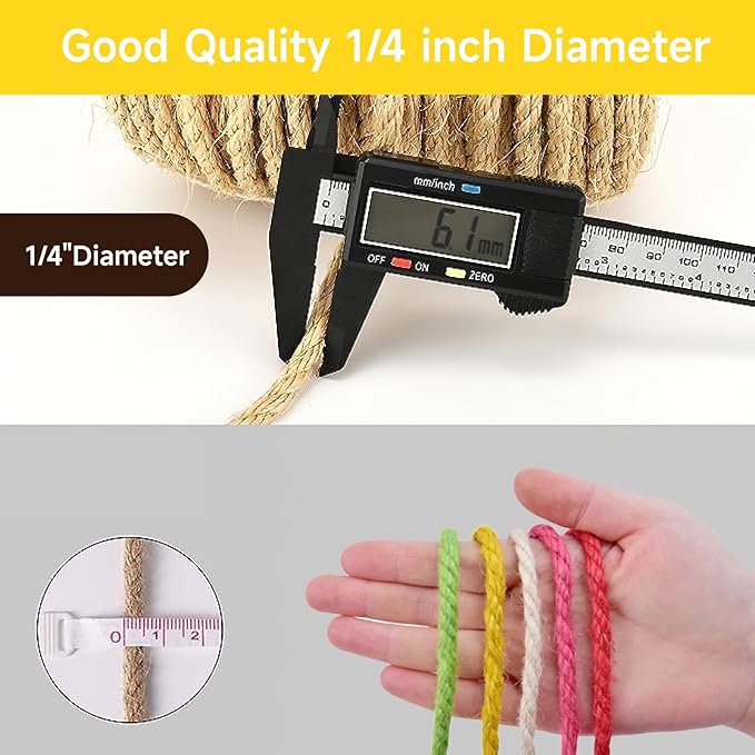 Multicolor Natural Hemp Rope, Cat Scratching Posts Replacement Rope,Repair and Replace Scratching Post cat Tree, 1/4" Rope Cat Scratch Post DIY Jute Twine,Come with a Play Ball(164FT, Yellow)