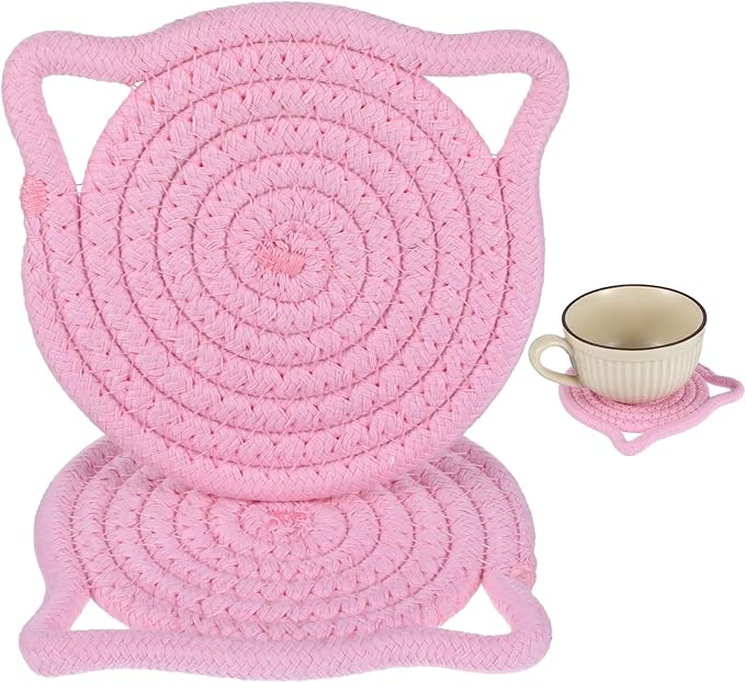 2Pcs Pink Cute Coasters for Desk, Cat Ear Shaped Coasters for Office Hot Tea Drink Juice, Handmade Fabric Table Protect Wooden Table Coffee Bar Decor