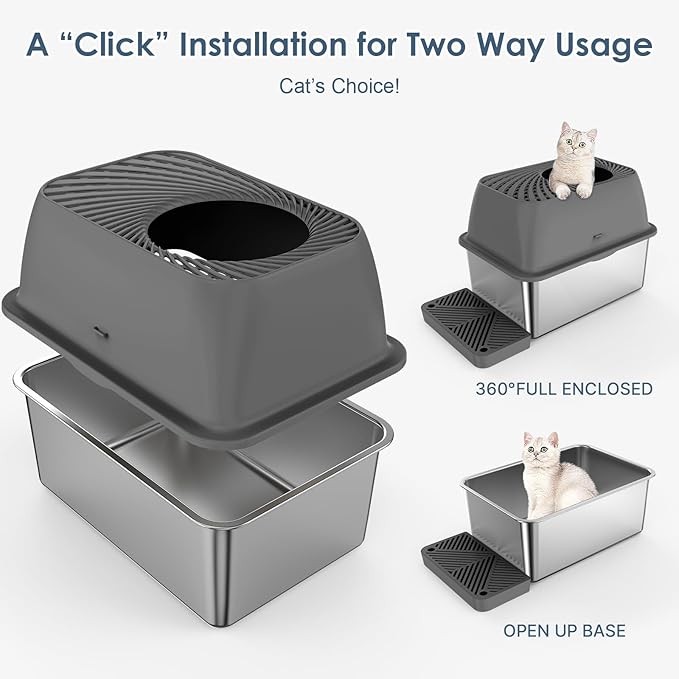 8" Deep Stainless Steel Litter Box with Lid, Top Entry Cat Litter Box for Dog-Proof, Enclosed Cat Litter Box with Footboard, Odor Control, Anti-Leakage, Non-Sticky, Easy Cleaning (Charcoal Gray)