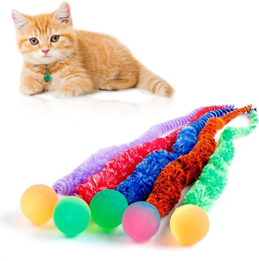 Mixed Bouncy Balls for Cats 5 Pack，Fuzzy Worm Cat Worm Toys with Ball，Magic Worm Bouncy Ball with Tail Cat Toy