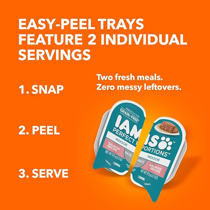 IAMS PERFECT PORTIONS Indoor Adult Grain Free* Wet Cat Food Pate Variety Pack, Salmon Recipe and Turkey Recipe, 2.6 oz. Easy Peel Twin-Pack Trays 24 Count, (Pack of 2)