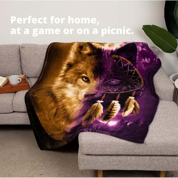 Dawhud Direct Wolf Dreamcatcher Fleece Blanket - 50x60 Inches Soft Plush Throw for Kids and Adults - Cozy Wolf Blanket for Bed, Couch, or Outdoor Use - Machine Washable, Warm Wolf-Themed Decor