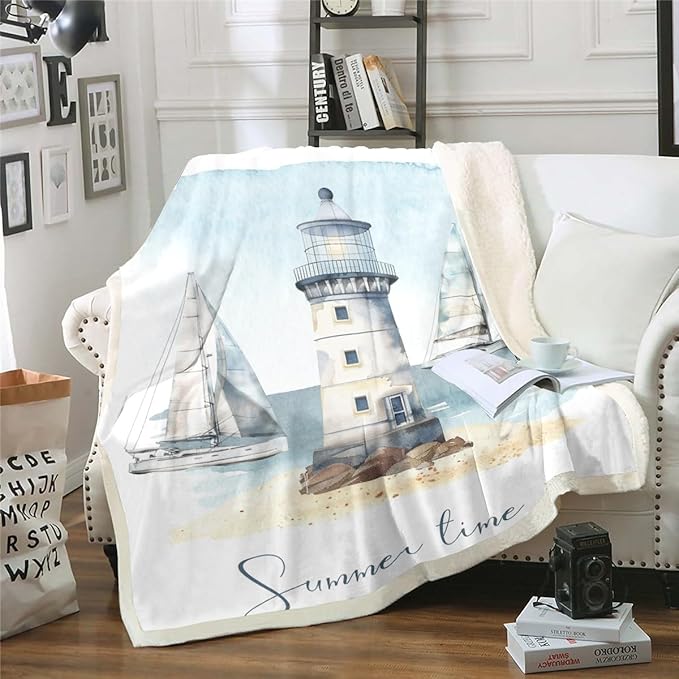 Nautical Sailboat Lighthouse Throw Blanket for Bed Chair - Watercolor Ocean Themed Fleece 30x40 Summer Beach Sherpa - Sea Adventure Bedroom Decor, Luxury White Blue