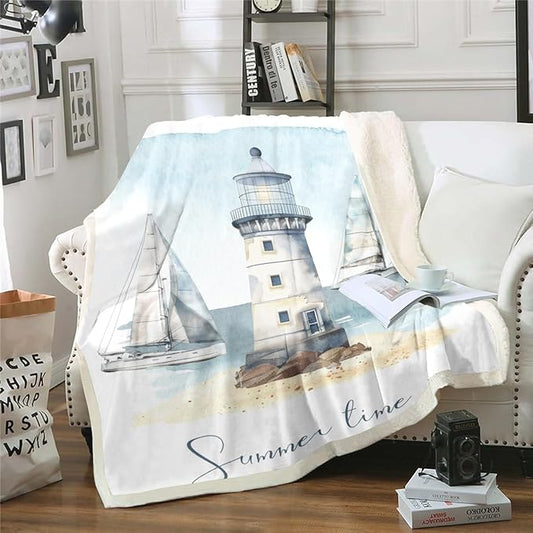 Nautical Sherpa Sailboat Lighthouse Ocean Themed Throw Blanket for Travel, Summer Beach Fleece Decoratives Sea Adventure Bedroom Decor, Luxury White Light Blue