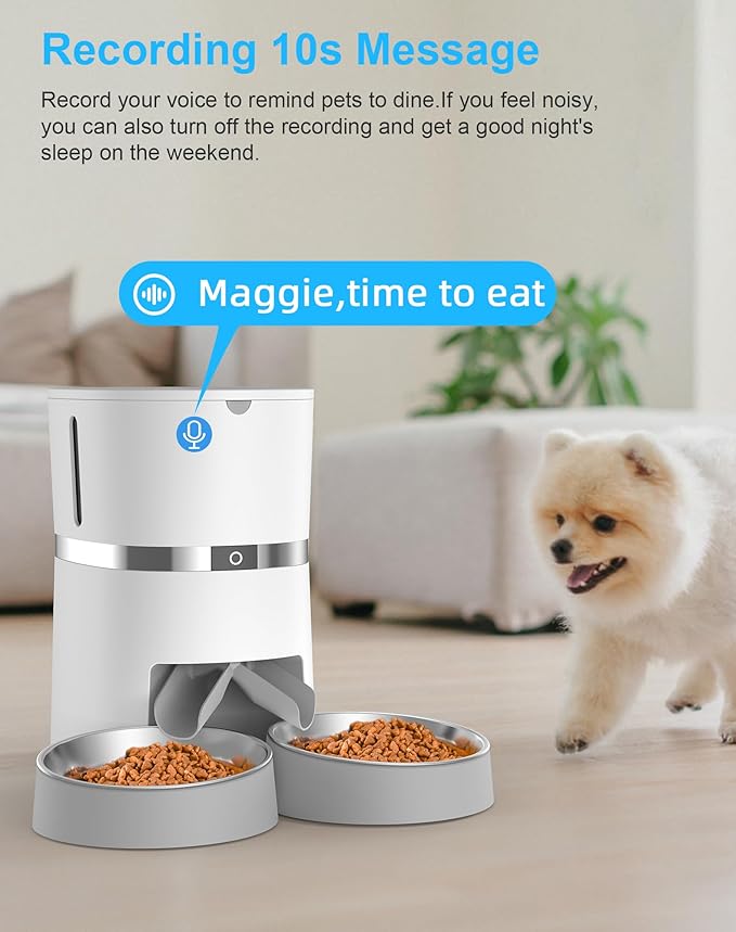 Automatic Cat Feeder, WellToBe Pet Feeder Food Dispenser for Cat & Small Dog with Two-Way Splitter and Double Bowls, up to 6 Meals with Portion Control, Voice Recorder - Battery and Plug-in Power