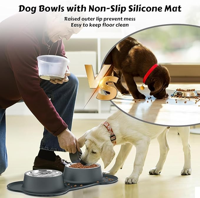 AsFrost Dog Food Bowls Stainless Steel Dog Food & Water Bowl Set with No Spill Non-Skid Silicone Mat, Dog Dishes Pet Feeding Bowls for Small Medium Large Sized Dogs Cat Puppy Food Bowl, Grey, 4 Cup
