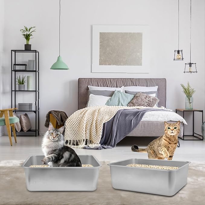 2Pcs Stainless Steel Cat Litter Box, Metal Kitty Litter Box with High Sides, Rust Proof Litter Tray Pan, Pet Toilet for Kitten Rabbit, Non Stick Non Odor, Easy to Clean, 17.5 x 13.5 x 6 in