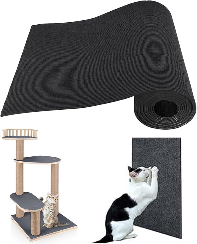Cat Scratching Post Carpet Mat Trimmable Self-Adhesive Replacement Mat 78.7"x15.8" Cuttable Cat Scratcher Cover for Cat Tree Shelf Shelves Steps Couch Furniture Wall DIY Protector, Black