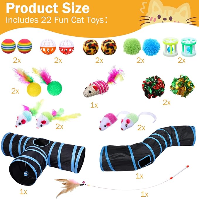 Wettarn 22 Pieces Cat Toys Set, with 2 Collapsible Cat Tunnels for Indoor Cats and 20 Kitten Toys Cat Tubes and Tunnels Interactive Cat Feather Toy Mouse Crinkle Balls for Cats Puppies (Black, Blue)