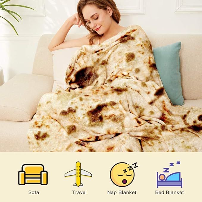 Burrito Tortilla Throw Blanket, 2.0 Double Sided Burritos Taco Tortilla Wrap Blankets for Adults Kids, Giant Funny Realistic Food Blankets, Soft Flannel Round Throw Blanket 60in