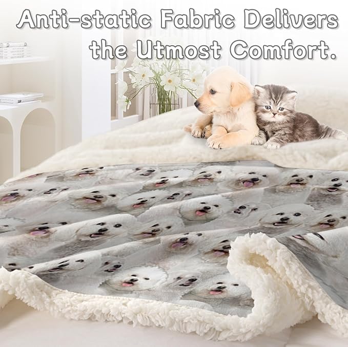 BlessLiving Bichon Frise Sherpa Fleece Throw Blanket 50" x 60" Soft Fluffy Warm Cozy Dogs Blanket for Couch Bed Sofa Chair Cute Puppy Fleece Blanket Reversible Animal Pattern Blankets Gifts for Teens