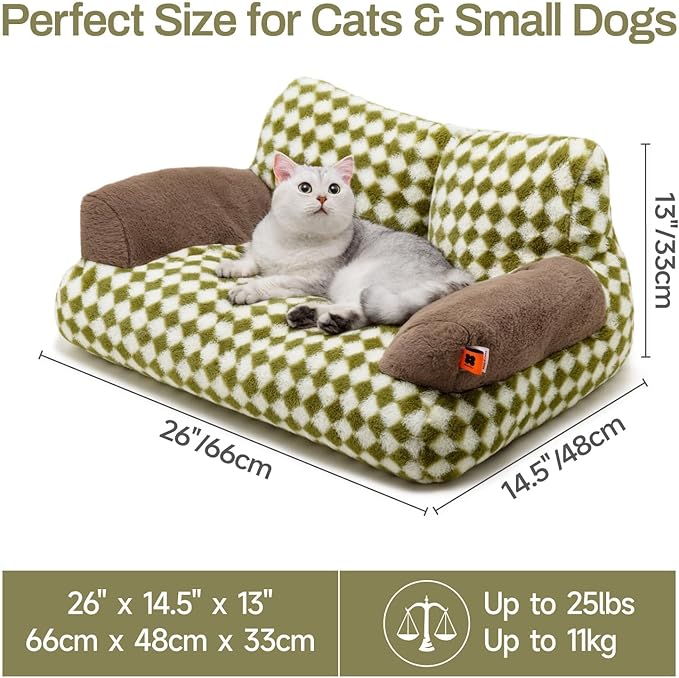 MEWOOFUN Pet Couch Bed, Washable Cat Beds for Medium Small Dogs & Cats up to 25 lbs, Dog Beds with Non-Slip Bottom, Fluffy Cat Couch, 26×19×13 Inch (Green)