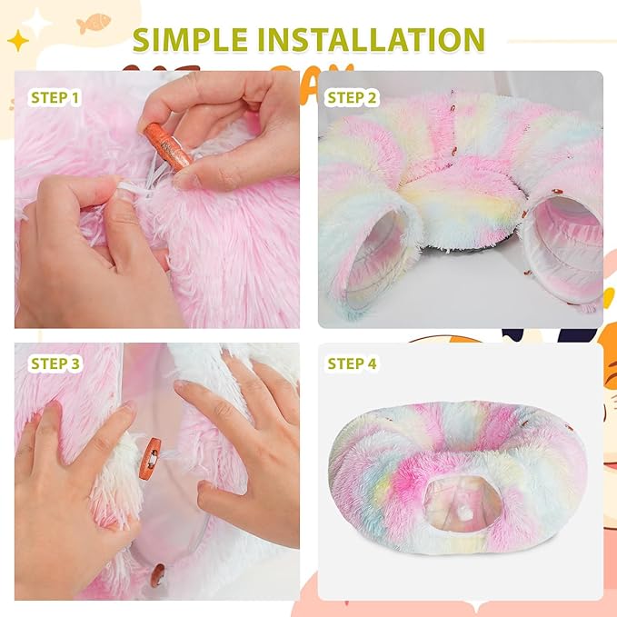 KOMUSMO Cat Tunnel Bed with Central Mat and Hanging Ball Toy, Multifunctional Large Cat Bed Cave Donut for Indoor Cats, Soft Plush Fluffy Collapsible Peekaboo Cave for Small Medium Large Cats Kittens