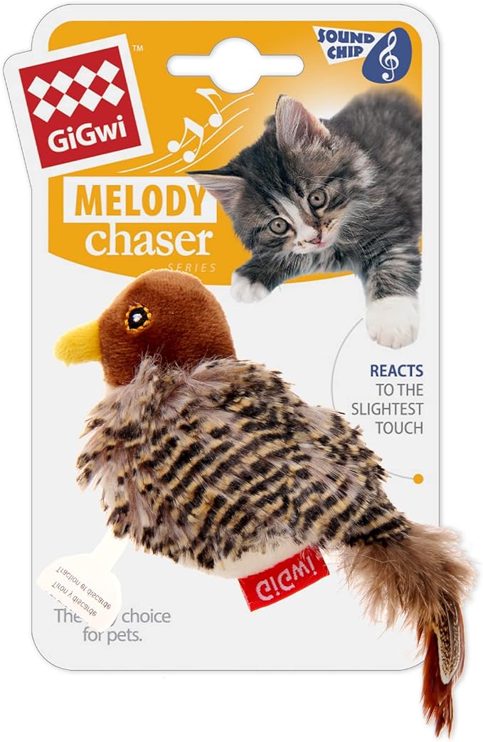 Gigwi Interactive Electronic Cat Toy (Not Flapping), Automatic Chirping Bird Cat Toy Squeaky with Feather Tail, Melody Chaser Toy Bird for Cats to Play Alone, Play and Squeak Kitten Toy for Boredom
