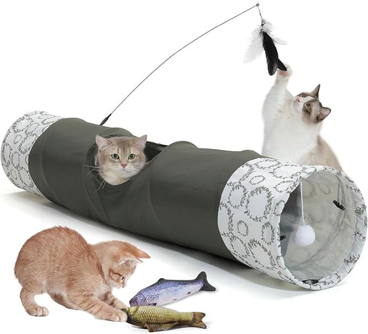 Cat Tunnel,Cat Tunnel for Indoor Cats, Collapsible Crinkle Paper Cat Play Tunnel Toys Set Anti-Scratch Cat Tunnel 9.8"*51",Cat Feather Toy Fishes for Cats, Puppy, Kitty, Kitten, Rabbit