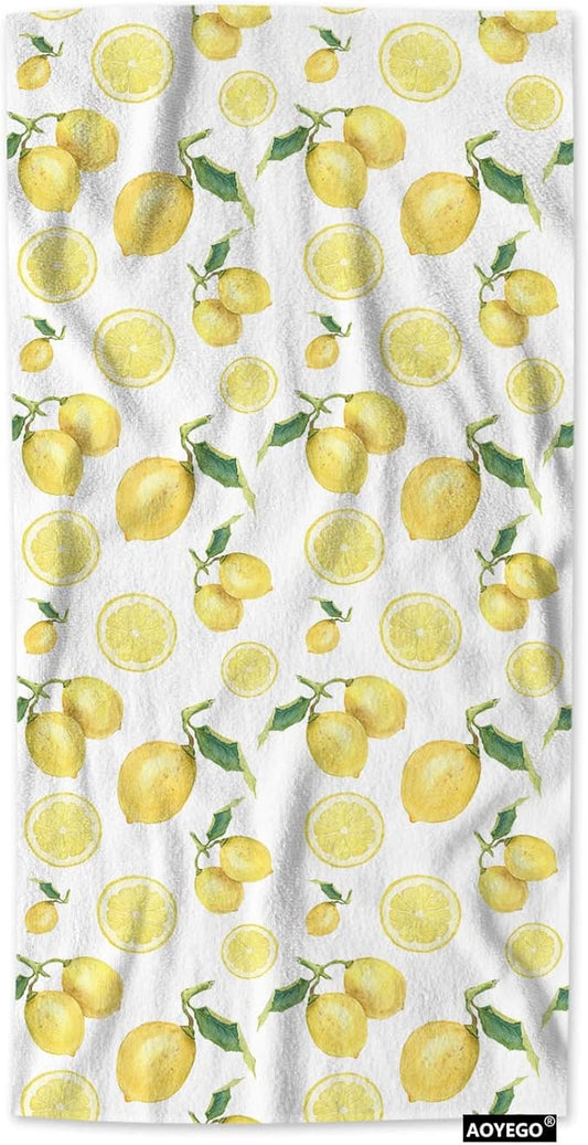 AOYEGO Lemon Bathroom Towels Watercolor Fruit Yellow Lemon Slice Green Leaves Tropical Plant Soft Bath Hand Towels Microfiber Kitchen Hotel Spa Hand Towels 15x30 Inch