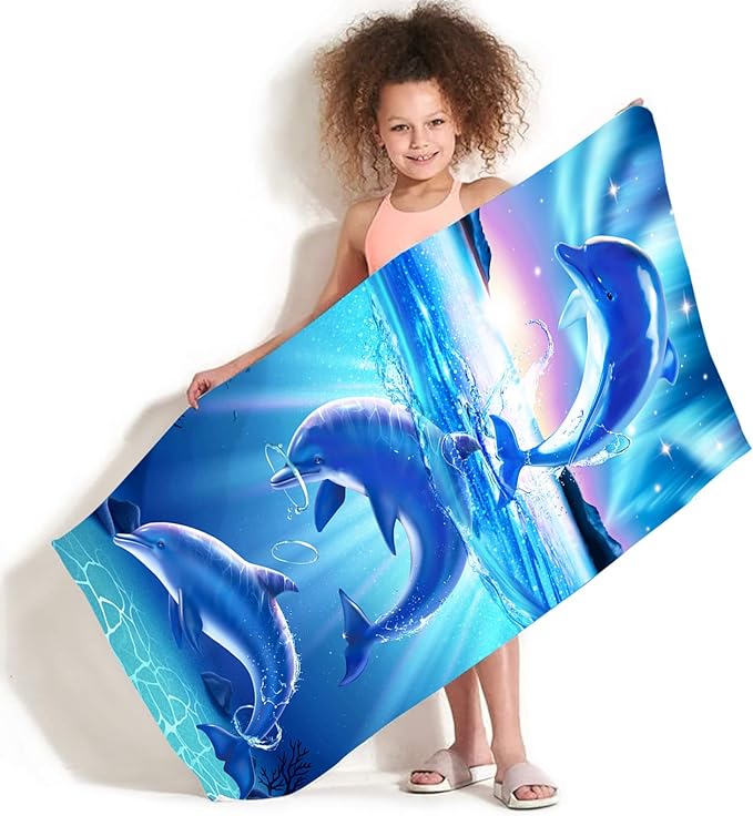 Bonsai Tree Dolphin Beach Towel, Cute Ocean Dolphins Themed Microfiber Bath Towel Gifts for Kids, Funny Abstract Animals Cartoon Sand Free Quick Dry Travel Towels for Boys Girls Pool Sports 30" x 60"