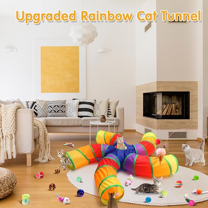 Poen 21 Pcs Cat Tunnel for Indoor Cats Set Collapsible 5 Way Cat Tubes with 20 Pcs Cat Toys Kitten Toys Interactive Cat Feather Toy Mouse Crinkle Balls Cat Tube for Puppy Kitten Rabbit(Colorful)