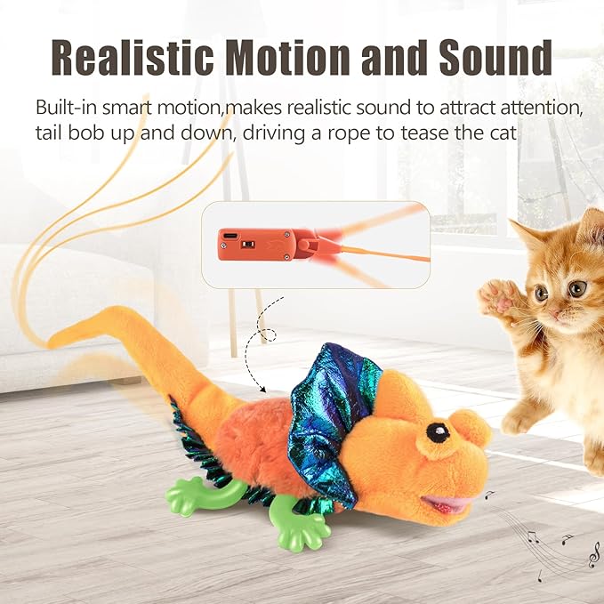 Migipaws Cat Toys, Touch Activated Flapping Chirping Lizard Kitten Toy with Catnip for Indoor Cats Kicker, Rechargeable （Orange）