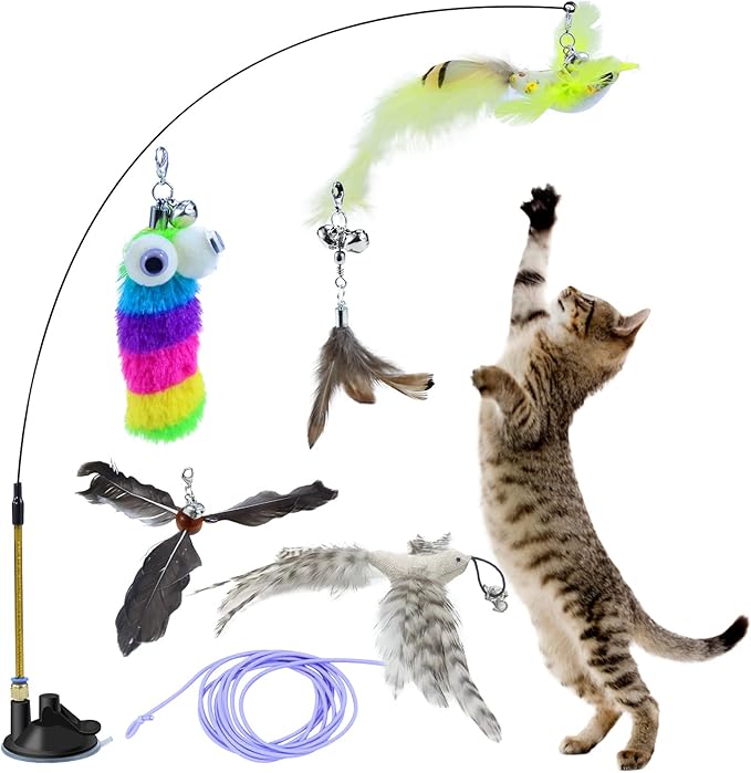 Interactive Bird Simulation Cat Toy Set Suction Cup Cat Wand Toy for Indoor Cats Suitable for Kitten to Play Exercise