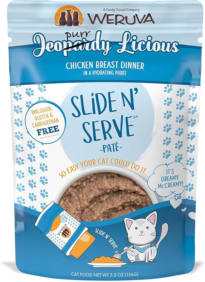 Weruva Wet Cat Food, Jeopurrdy Licious with Chicken Pate, 5.5oz Slide N Serve Pouch, Pack of 12