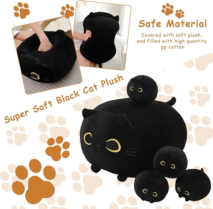 Black Cat Stuffed Animal Mommy Cat Plush Toys with 4 Squishy Baby in Her Tummy Soft Cute Hugging Pillows for Boys and Girls