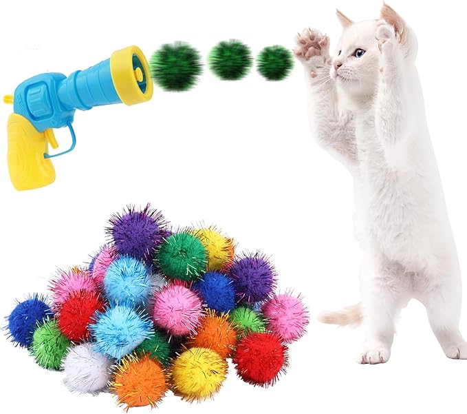 Dorhui Cat Toy Gun Launcher, 30 Pcs Sparkle Pom Pom Balls for Cat and Cat Ball Launcher, Cat Fetch Toy Gun Shooter, cat Toys for Indoor Cats, Interactive Glitter Pom Pom Balls for Kitty Gifts