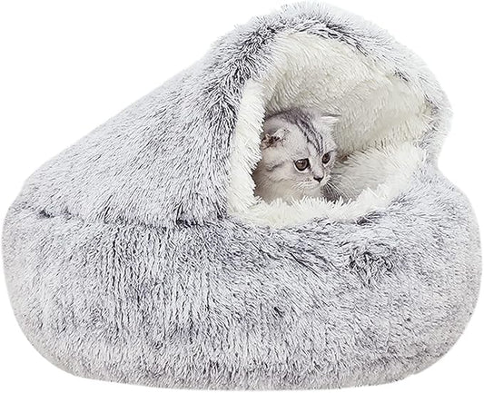 YUDANSI Cat Bed Hooded for Indoor Cats, Dog Bed with Large Covered Hood for Small Dogs Cats Puppy Kitty, Anti Anxiety Donut Cuddler, Anti Slip Plush Faux Fur Enclosed Pet Nest (Washable)(Gray-20inch)