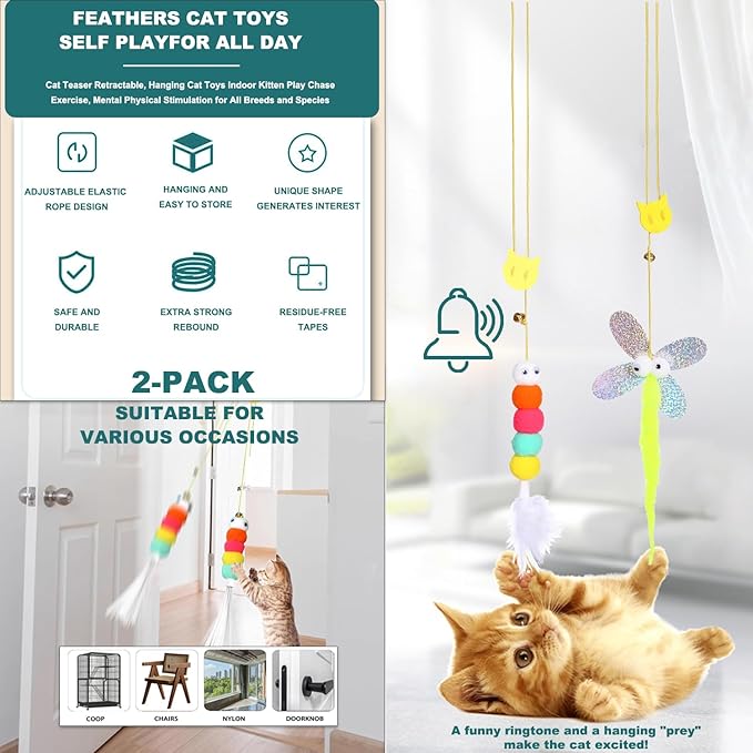 Interactive Cat Toys for Indoor Cats,4PCS Retractable Cat Feather Toy, 2PCS Silvervine Sticks Catnip Toys for Teeth Cleaning,2PCS Bouncy Ball Cat Toy w/Tail,Kitten Toys for Chasing Exercise