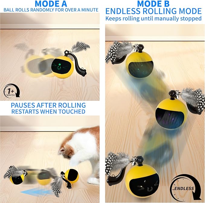 Interactive Cat Toy Ball with Remote Control, Automatic Moving & Rolling Cat Feather Toy, USB Rechargeable, Motion Activated Remote Control Cat Toy for Indoor Cats