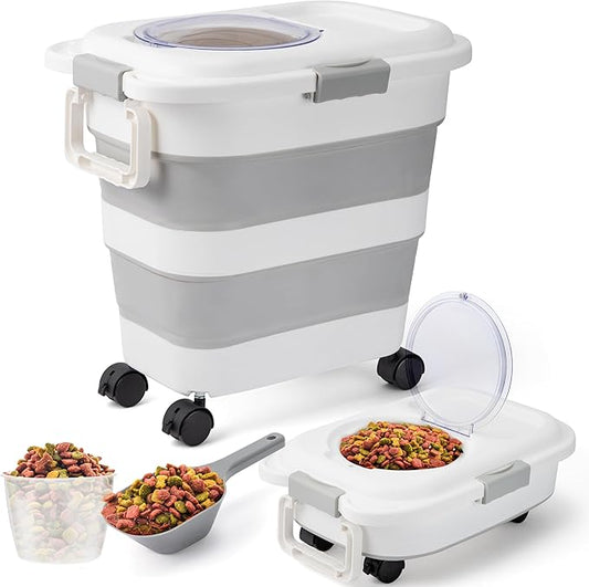 12-45 Lbs Dog Food Storage Container, Collapsible Pet Food Container with Spinner Wheels Scoop and Measuring Cup, Airtight Multifunctional Food Storage Container for Rice Dog Cat Pet Kitchen Dry Food