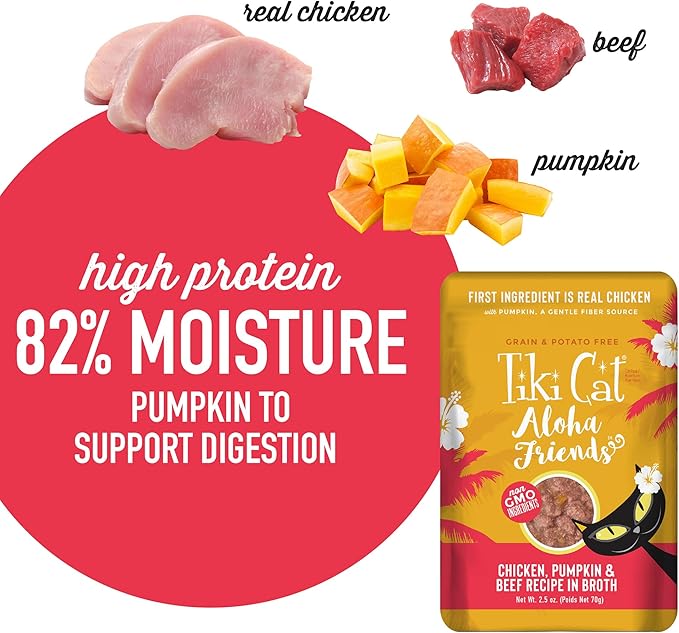 Tiki Cat Aloha Friends, Chicken, Pumpkin & Beef, Grain-Free & High Moisture, Wet Cat Food for All Life Stages 2.5 oz. Pouch (Pack of 12)