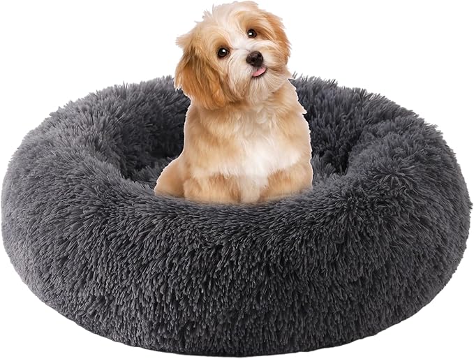 Calming Dog Bed, Dog Beds Fits up to 15 lbs Pets, Fluffy Donut Dog & Cat Bed Washable, Round Anti Anxiety Dog Bed, Small Dog Bed with Non-Slip Bottom (Dark Grey, 20" x 20")