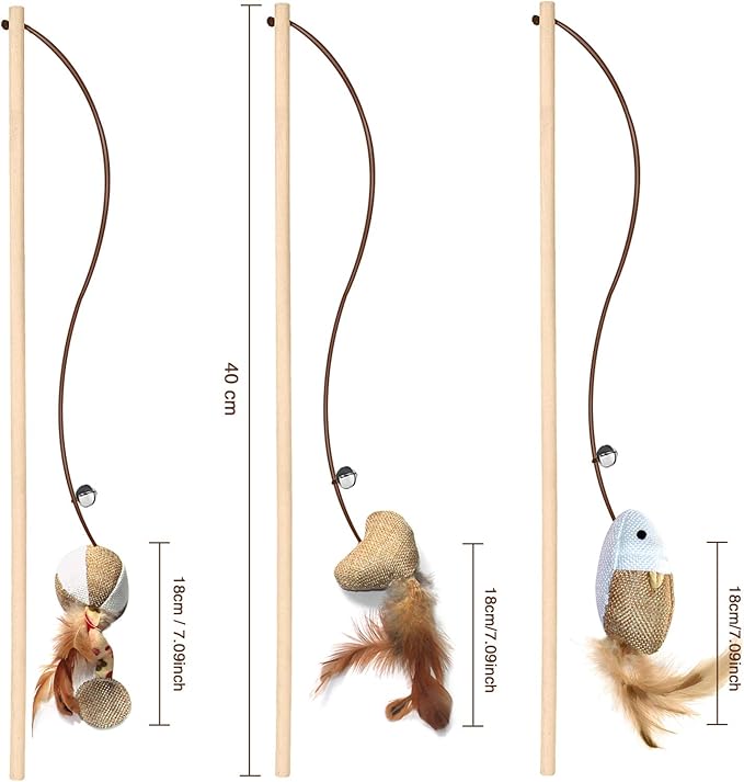 3 PCS Cat Wand Toys, 16 Inch Natural Wooden Cat Teaser Wand Toys with 5 PCS Silvervine Sticks for Cat, Interactive Cat Feather Wand Toy for Indoor Cats, Elastic String Cat Pole Toy with Bell, Feather